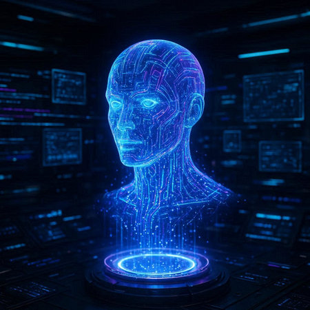 3d rendering artificial intelligence cyborg head with circuit board on dark background