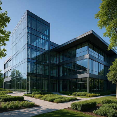 Modern office building with glass facade. Perspective view. 3d render