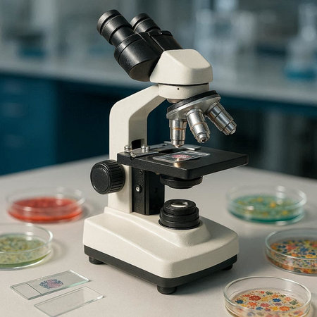 Microscope in scientific laboratory. Medical research and development. Biochemistry and biochemistry...