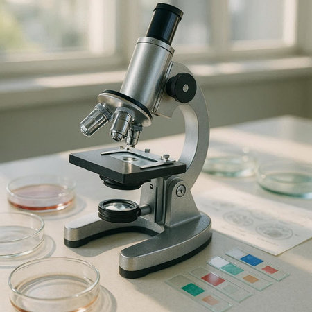 Microscope on the table in the laboratory. Scientific research. Medical background.