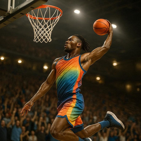 Side view of an African-American basketball player in action at a basketball game.