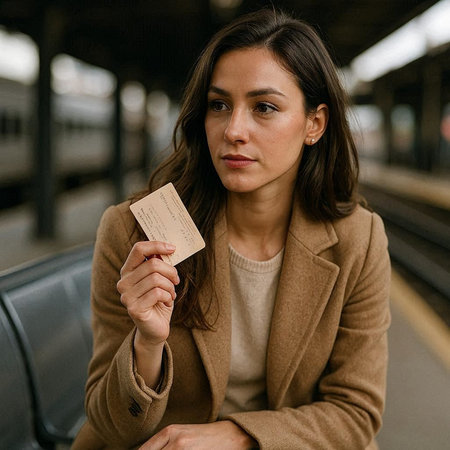 Young woman waiting for a train at the train station holding a ticket