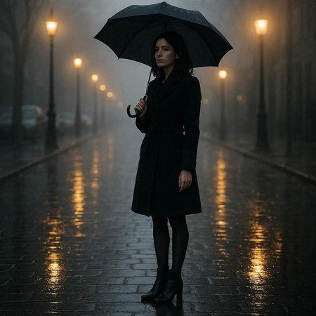 Beautiful young woman in raincoat with umbrella standing on rainy street