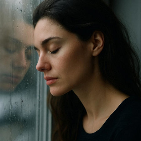 Portrait of a beautiful young woman on the background of a wet window.