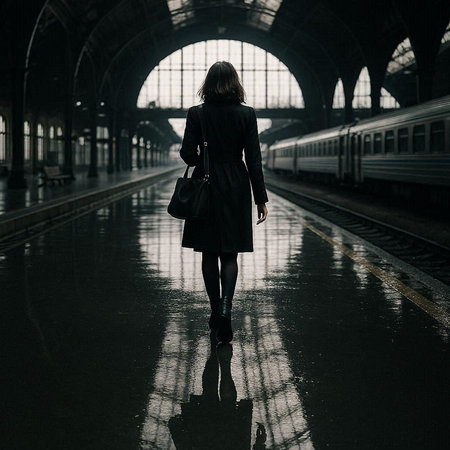 Girl in a dark coat on the platform of a railway station.の写真素材