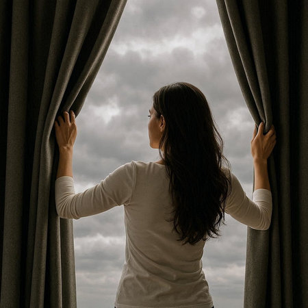 Young woman opening curtains and looking at cloudy sky. Freedom concept.