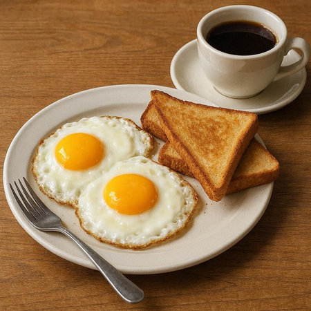 Breakfast with fried eggs, toasts and coffee on wooden table