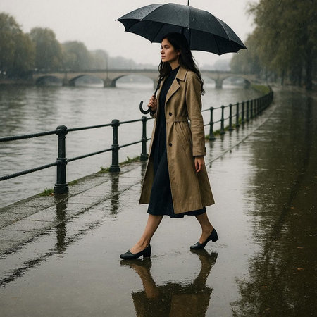 Beautiful brunette girl in trench coat and umbrella walking on the streetの写真素材