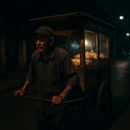 Handsome old man with a cane in the street at night