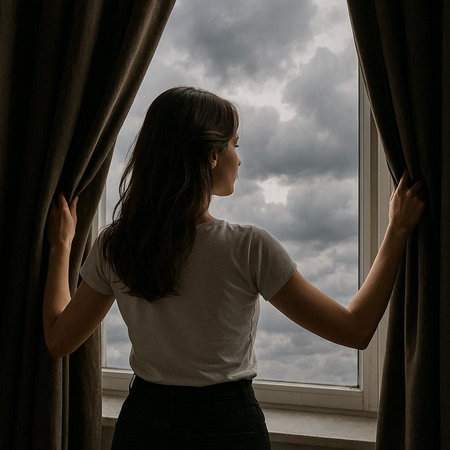 Young woman opening curtains in the morning, looking out of the window