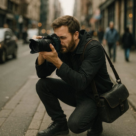 Handsome bearded photographer taking photos in the city. Man with camera in the city.