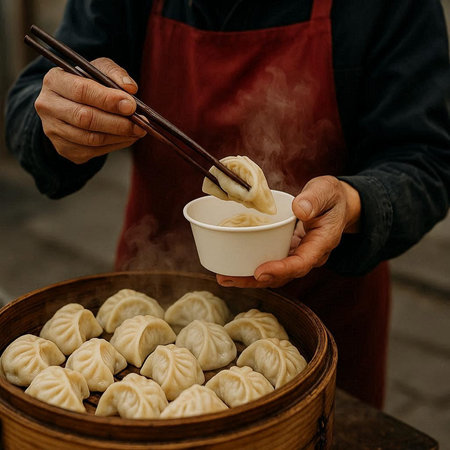 Chinese steamed dumplings in bamboo steamer on street food market