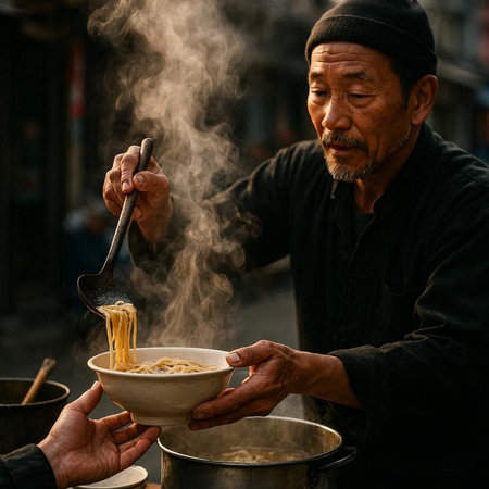 Old man cooking noodles in a street food market in Beijing, China