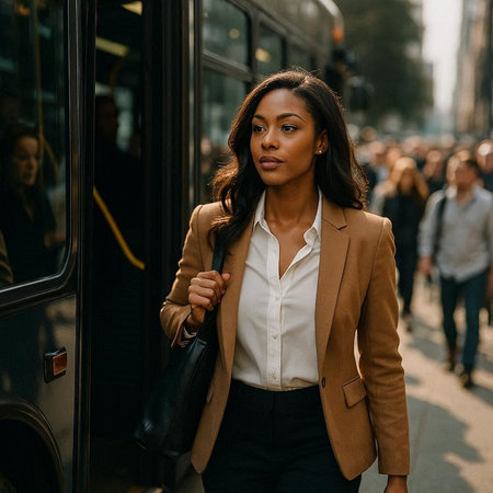 Beautiful african american businesswoman walking in the city.の写真素材