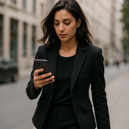Young business woman in a black suit with a smartphone in the city.