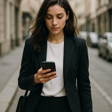 Portrait of a young businesswoman using mobile phone on the street