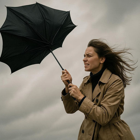 Young woman in trench coat holding umbrella on cloudy sky background. Rainy day.の写真素材