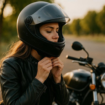 Biker girl in a leather jacket and helmet on a motorcycle.