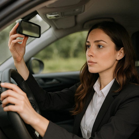 Young businesswoman driving a car, holding a mobile phone in her hand