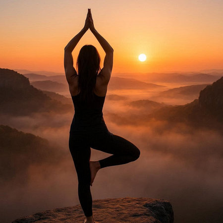 Young woman practicing yoga on the top of a mountain during sunrise.