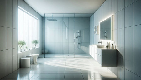 3d rendering of modern bathroom with white tile wall and floor.