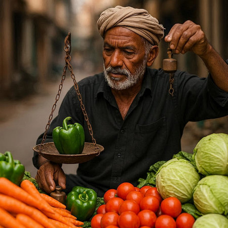 An old man sells vegetables on the street.