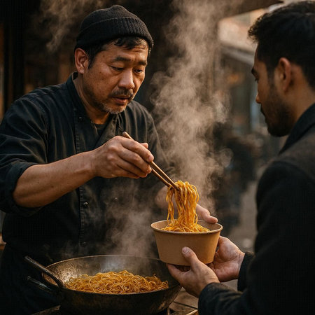 Asian man cooking instant noodle at street food market in Asia.