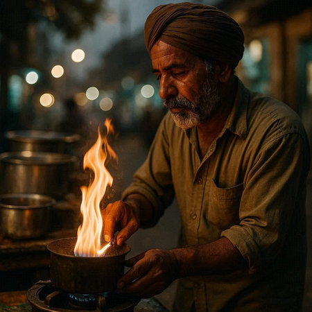 Indian man making a fire at night in Jaipur, Rajasthan, Indiaの写真素材