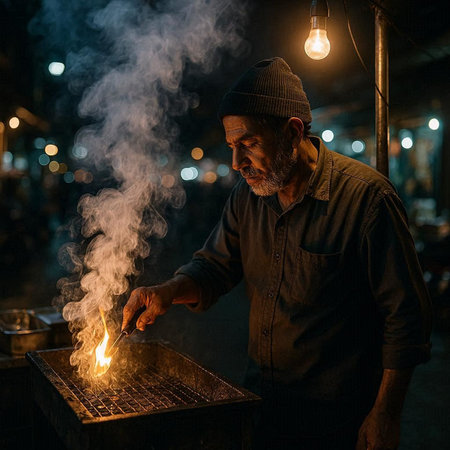 Handsome man cooking at night street food market in Istanbul, Turkey