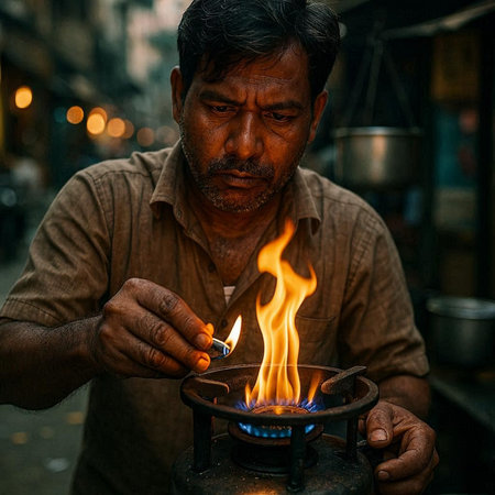 Closeup of a unknown Nepali man lighting a candle in the street of Kathmandu in the evening