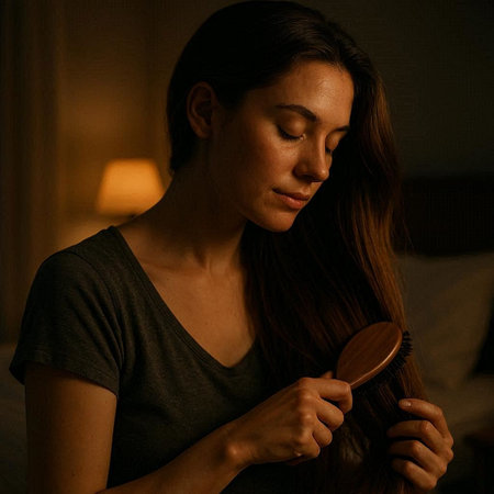 Woman brushing her long brown hair with a wooden comb in a dark room
