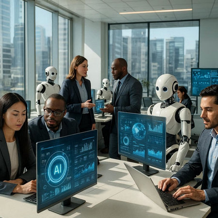 Group of business people working on computers in modern office. Technology and AI concept