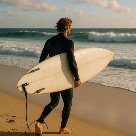 Surfer in wetsuit with surfboard on the beach.