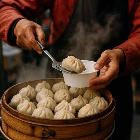 Steamed dumplings in bamboo steamer. Asian street food.