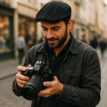 Handsome bearded photographer with a camera in the city. Portrait