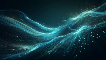 abstract blue wave background with glowing particles, 3d render illustration