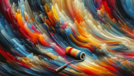 Roller with paint on colorful background. Colorful painting brush.