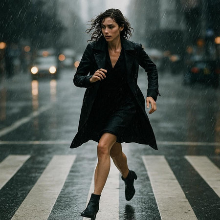 Beautiful brunette woman in a black coat walking on the street under the rain