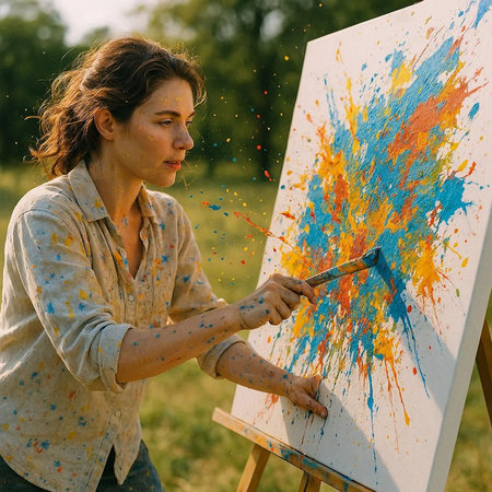 Beautiful young woman artist painting a picture on canvas outdoors. Art concept