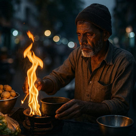 Old man cooking food at night in the streets of the city.
