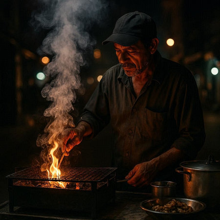 Old man cooking on the grill in the night city. Street food.