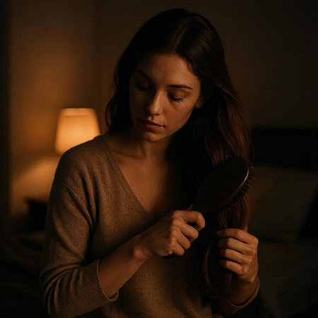 Woman combing her long brown hair in a dark room at night