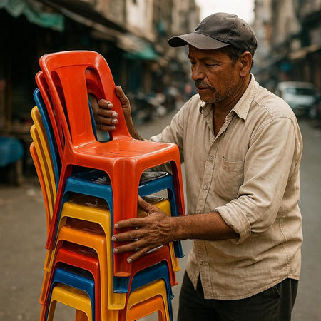 View of unknowns Nepali people selling furniture at Thamel street in Kathmandu in the afternoon