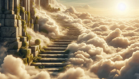 Staircase to heaven with clouds and sun. 3d render