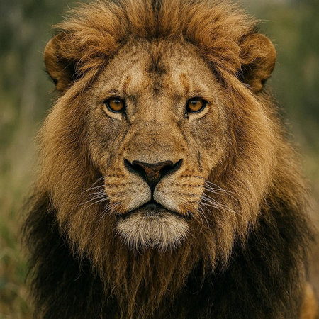 Portrait of a male lion in the savannah of Africa.