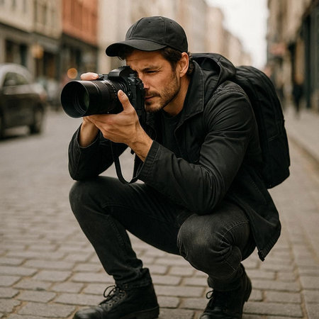 Handsome young man with a camera in his hands on the street