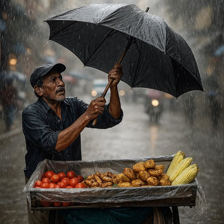 Unidentified Thai man selling fresh vegetables in the rain.