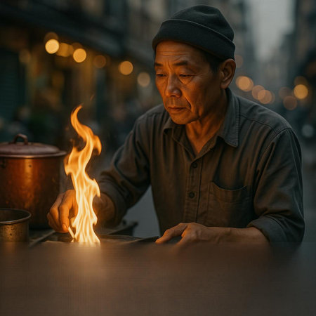Asian senior man lighting a fire in the streets of New York City