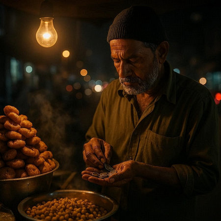 An old man is counting coins at night