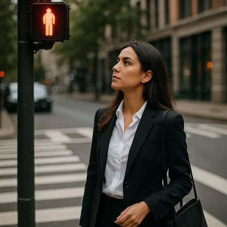 Young business woman in black suit walking down the street in the city.
